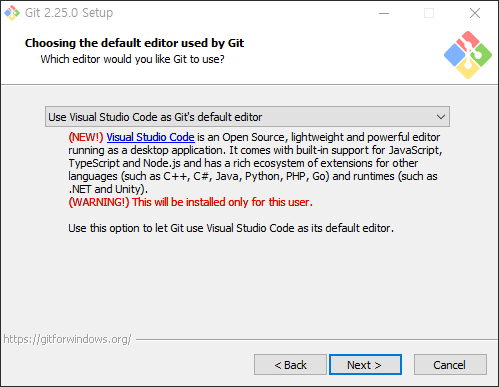 ‘Choosing the default editor used by Git’ 단계