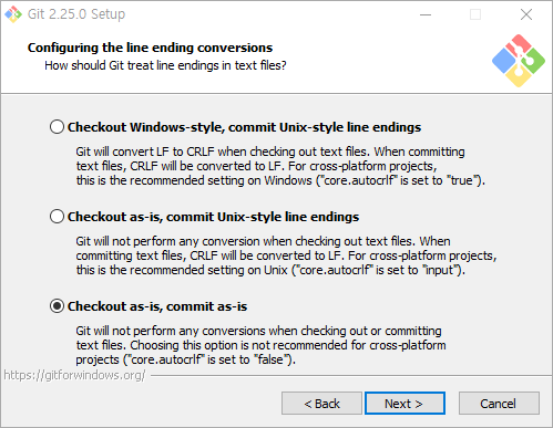 ‘Configuring the line ending conversions’ 단계