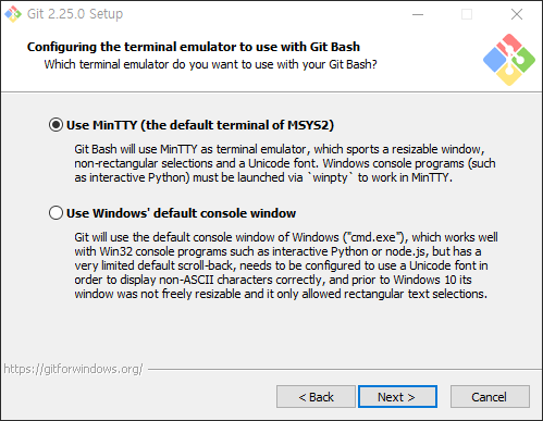 ‘Configuring the terminal emulator to use with Git Bash’ 단계